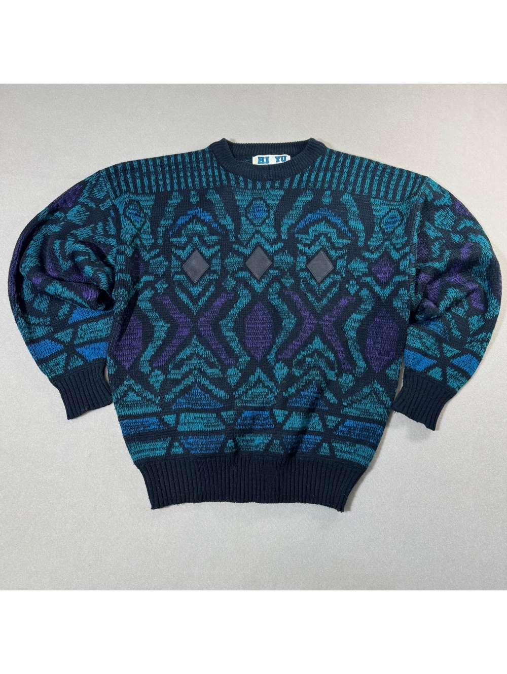 Vintage 90s Hi Yu Coogi Style Knit Sweater Men's Geometric Teal Purple